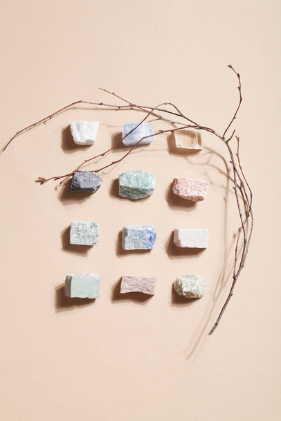 many crystal minerals on beige background. magic rock for crystal ritual - Foto, Imagem