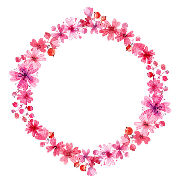 Vesiväri Ystävänpäivä kukka runko. Vaaleanpunaiset kukat, marjat ja lehdet. Eristetty valkoisella pohjalla - Valokuva, kuva