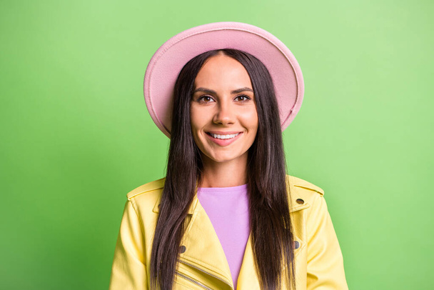 Photo portrait of brunette girl wearing autumn outfit smiling isolated on bright green color background - Φωτογραφία, εικόνα