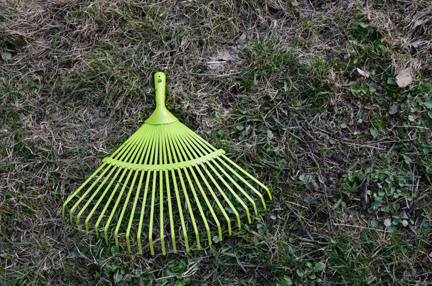 A metal yellow fan rake stands by a wooden post, and autumn leaves are scattered around on a lawn with green grass.Metal fan rake on the yellow grass in the garden. - Photo, Image