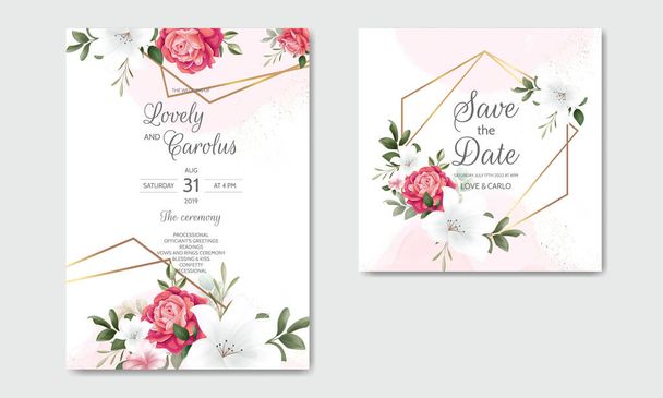 Mooie Bloemen Bruiloft Uitnodiging met bloeiende rozen en groene bladeren - Vector, afbeelding