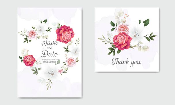 Красивое цветочное свадебное приглашение с цветущими розами и зелеными листьями - Вектор,изображение