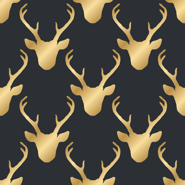 Seamless pattern with golden shiny deer heads silhouettes over black. Trendy vector background. Nature wildlife animal backdrop. - Vektori, kuva