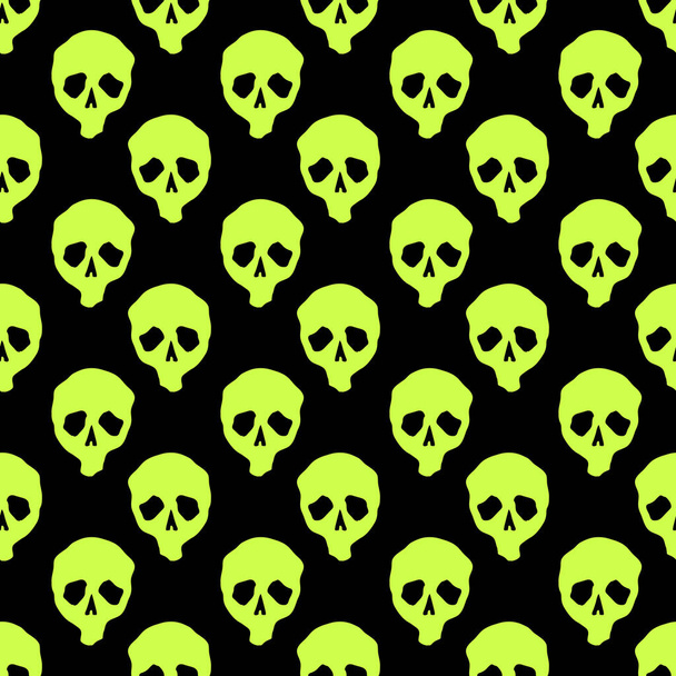 Vector Halloween doodle skulls seamless pattern. Design background for party poster. Hand drawn cartoon illustration. Objects isolated over acid green. - Wektor, obraz