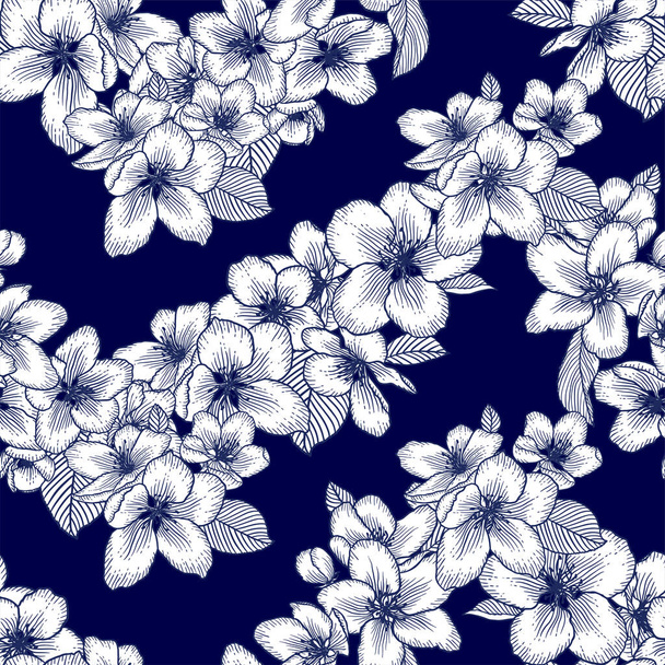 Beautiful seamless dark blue and white floral pattern with apple flowers. Nature botanical vector background illustration. Stock graphic design. - Вектор,изображение