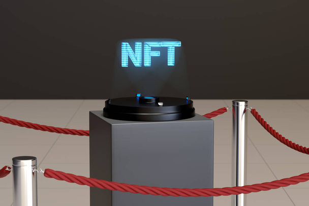 Holograma del texto NFT en una sala de museo. ilustración 3d. - Foto, imagen