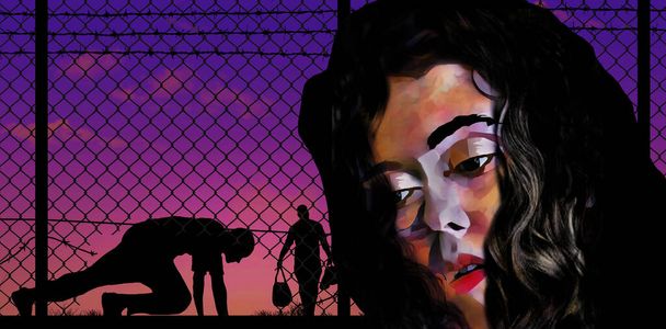 An Hispanic female thinks as she decides if she should cross the Mexican border into the USA as silhouetted men in the background are doing. This is a 3-D illustration. - Photo, Image