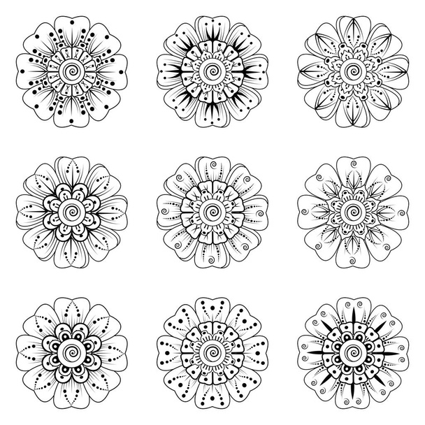Set of Mehndi flower for henna, mehndi, tattoo, decoration. decorative ornament in ethnic oriental style. coloring book page. - Wektor, obraz