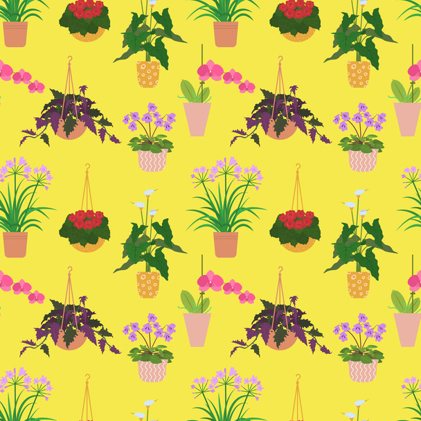 カラフルな花のポットに鉢植えの熱帯の家の植物とシームレスなパターン。黄色の背景で - ベクター画像