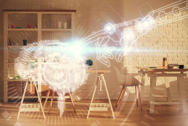 Multi exposure of brain drawing and office interior background. Concept of data technology. - Foto, immagini