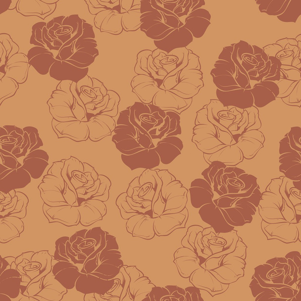 茶色の背景にタイルのバラの花を持つシームレスなベクター茶色レトロ花柄. - ベクター画像
