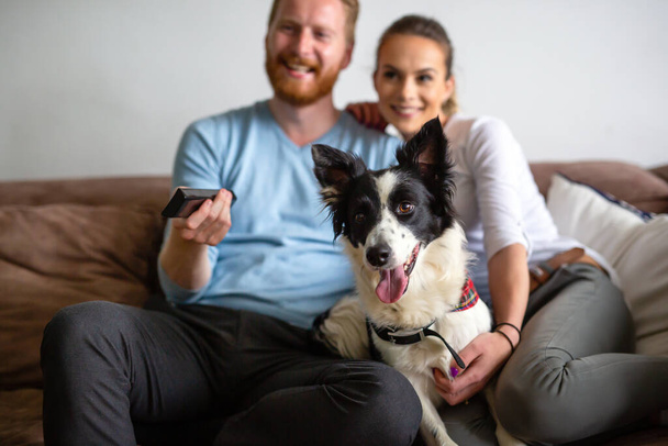 Beautiful couple relaxing at home and loving their pet - Foto, imagen