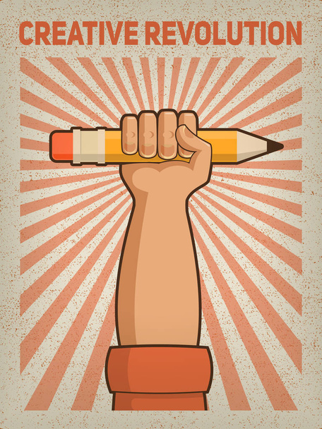 Plakat motywacyjny z ludzką ręką trzymającą ołówek na tle retro - Wektor, obraz