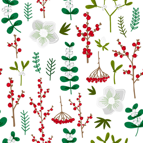 Pattern winter flowers berries, twigs, Christmas decor Texture - Vektor, kép