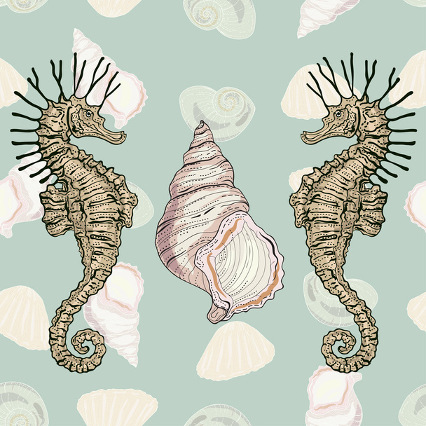 seahorses and shells - Vector, Image