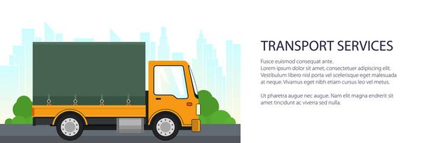 Transporte e serviços de carga, caminhão de entrega de carga amarelo verde no fundo da cidade, transporte e frete de mercadorias, ilustração vetorial - Vetor, Imagem