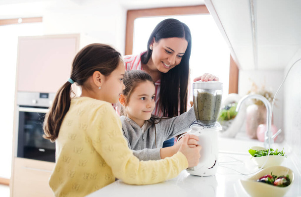 Mother with girls indoors at home, preparing fruit smoothie drink. - Photo, image