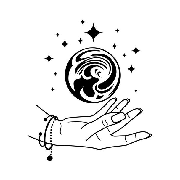 Magic Crystal Ball with hand isolated on white. Mystic magician symbol, black colors. Fortune telling - Vector, Image
