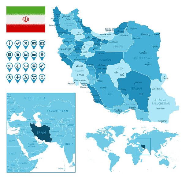 Iran detailed administrative blue map with country flag and location on the world map. - Vector, Image