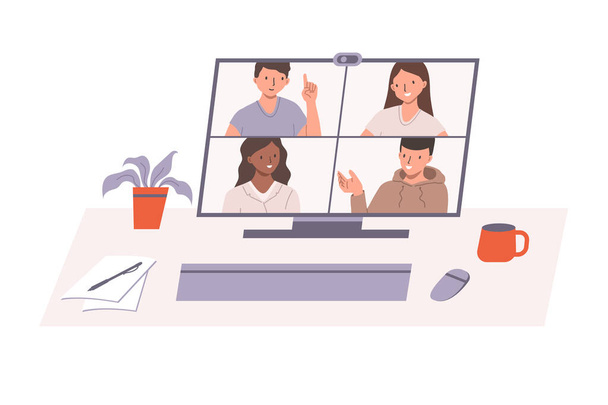 Conference call and remote meeting concept. Co-workers speaking and discussing smth using video chat on computer. Flat cartoon vector illustration - Vector, Image