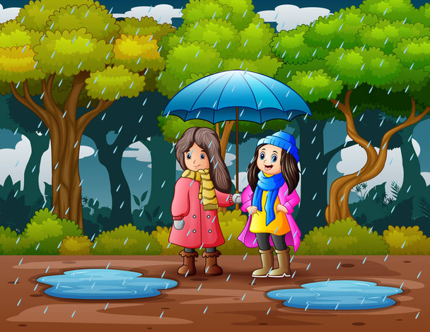 Esernyőt használó gyermekek az eső alatt - Vektor, kép