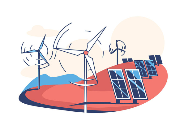 Solar panels and wind turbines - Vector, Image
