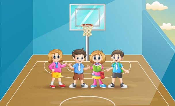 Χαρούμενα παιδιά στο γήπεδο μπάσκετ - Διάνυσμα, εικόνα