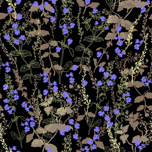 Blue wildflowers and grass drawn by hand in flat style on dark background.  - Vektor, Bild