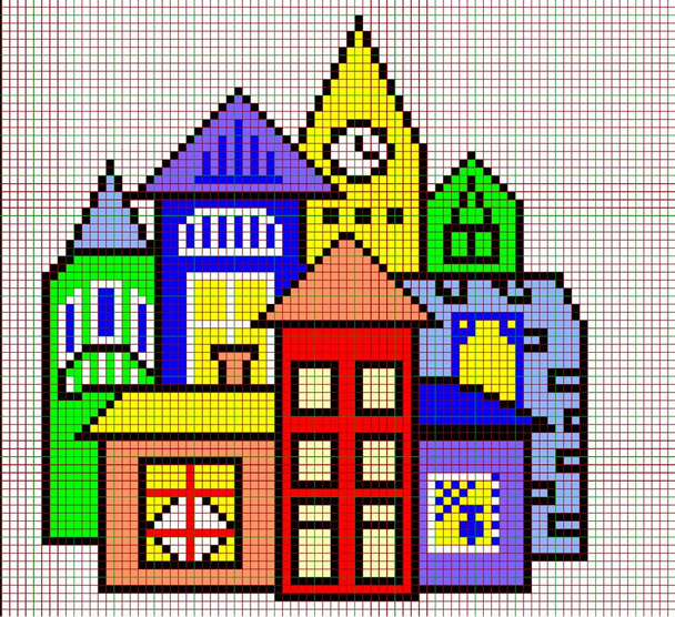 gyönyörű házak.szivárvány színséma.pixel rajz.mozaik, kereszt-öltés, mint egy ajándék az anyámnak .childrens kreativitás. - Fotó, kép