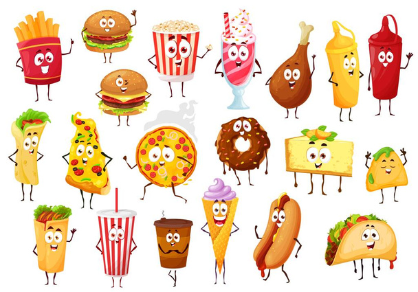 Fast food cartoon characters. Vector burgers, drinks and desserts. Pizza, hamburger and hot dog sandwich, french fries and coffee, donut and popcorn, soda, chicken leg and burrito, tacos and nachos - Vector, Image