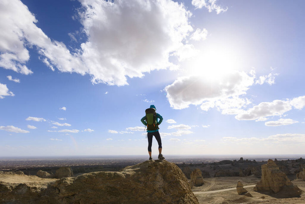 Successful backpacker standing on sandy hill top in desert   - Fotó, kép