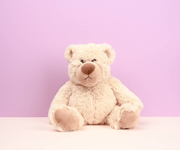 niedliche beige Teddybär sitzt auf lila Hintergrund, traurig - Foto, Bild