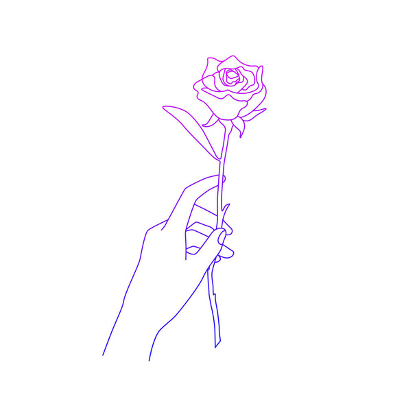 women's hands in a minimal linear style. Vector emblems with hand gestures holding a rose - Vector, Image
