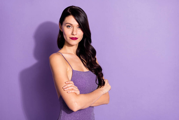 Profile side photo of young attractive girl confident serious crossed hands charming isolated over purple color background - Φωτογραφία, εικόνα