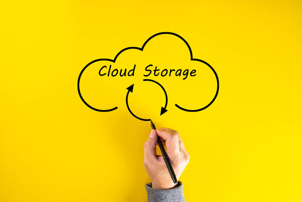 Human hand drawing cloud storage on yellow background. Data storage, Networking and internet service concept. - Photo, Image