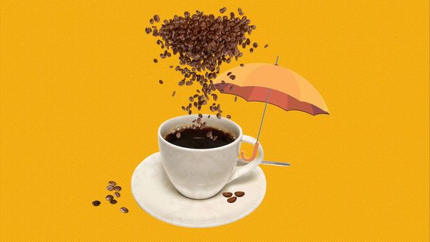 Café chaud frais dans une tasse blanche sur une soucoupe. . Les grains de café torréfiés et naturels, sous la forme d'un nuage, tombent dans une tasse à café recouverte d'un parapluie jaune.. - Photo, image