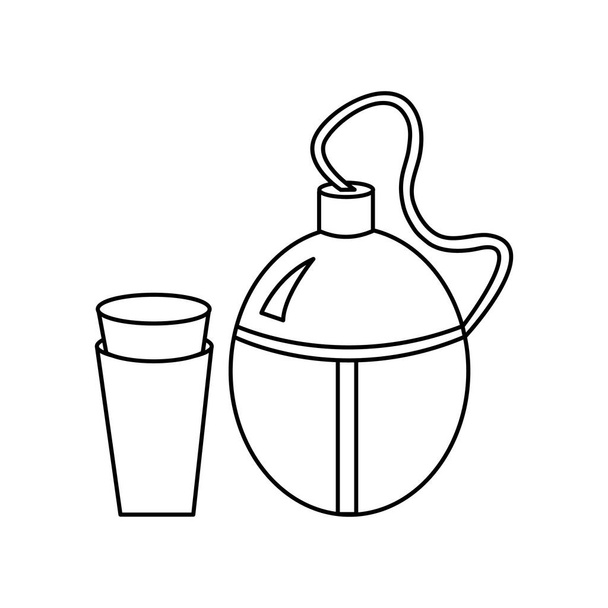 Lineare schwarze weiße Flasche für Wasser-Symbol. Kann als Aufkleber, Symbol oder Zeichen verwendet werden. Einfache Aktienvektordarstellung isoliert auf weißem Hintergrund. Umrissflasche mit Brille zum Wandern und Reisen. - Vektor, Bild
