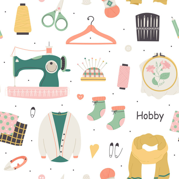 Vector Seamless Pattern with Knitting, Sewing Tools and Clothing in Flat style.Hand Drawn Equipment for Needlework,Handmade,Hobby. - Вектор,изображение