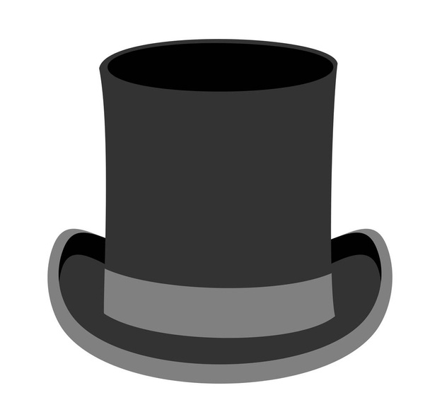 Black gentleman hat. Black top Hat vector illustration isolated on white background. Male head cap. Old fashioned clothes. Elegant. Gentleman style.Top Hat. Gentleman hat. Man retro Costume. - Διάνυσμα, εικόνα