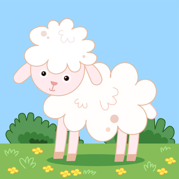 Cute lamb on a green meadow with yellow flowers in bloom in cartoon style. Nursery activity book illustration. - Vetor, Imagem