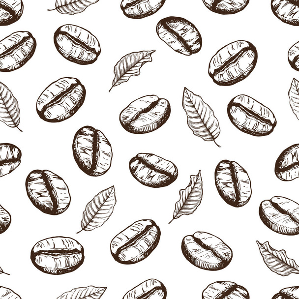 Vector naadloos patroon met omtrek koffiebonen en bladeren op een transparante achtergrond. Voor verpakkingsontwerp, cafés en restaurants, voedingsmiddelen. - Vector, afbeelding