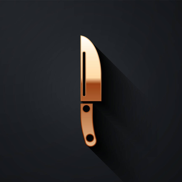 Icono del cuchillo de oro aislado sobre fondo negro. Símbolo de cubertería. Estilo de sombra larga. Vector. - Vector, imagen