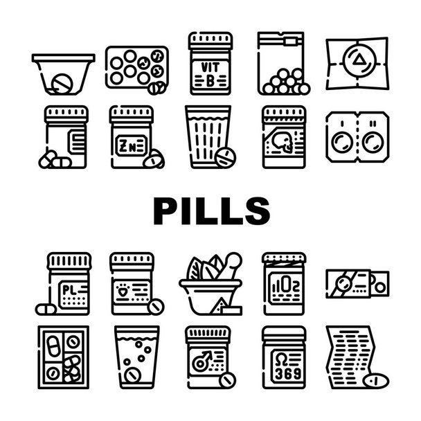 Pilules Médicaments Collection Icônes Set vecteur. Paquet de pilules et verre avec l'eau, l'instruction et le récipient de Pillbox, illustrations noires de contour de traitement médical - Vecteur, image