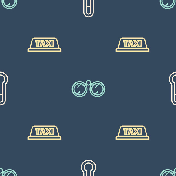 Set line Meteorology thermometer, Taxi car roof and Binoculars on seamless pattern. Vector. - Vector, Image