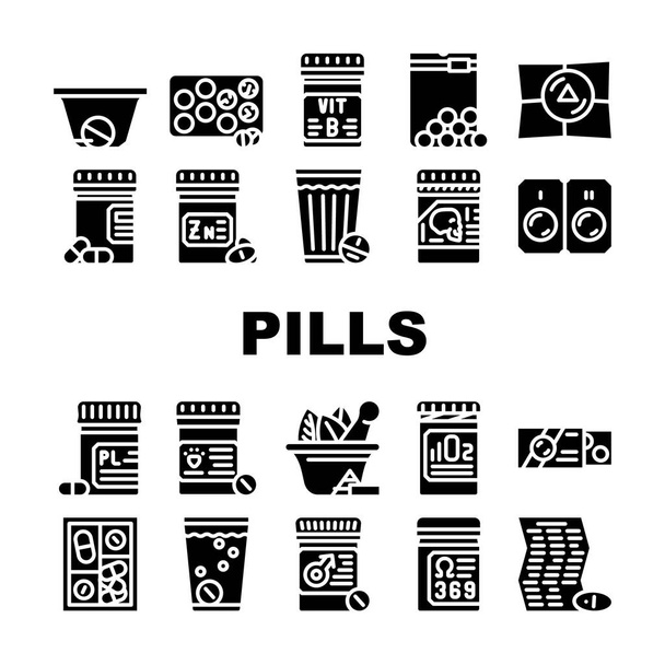 Pillen Medikamentensammlung Symbole Set Vektor. Tablettenverpackung und Glas mit Wasser, Anleitung und Pillbox Behälter, Medizinische Behandlung Glyphen Piktogramme Schwarze Illustrationen - Vektor, Bild