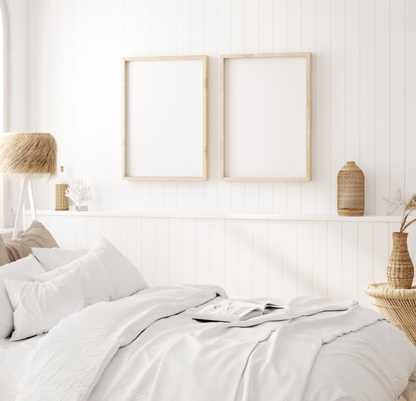 Finto telaio in accogliente sfondo interno casa, camera da letto in stile costiero, rendering 3d - Foto, immagini