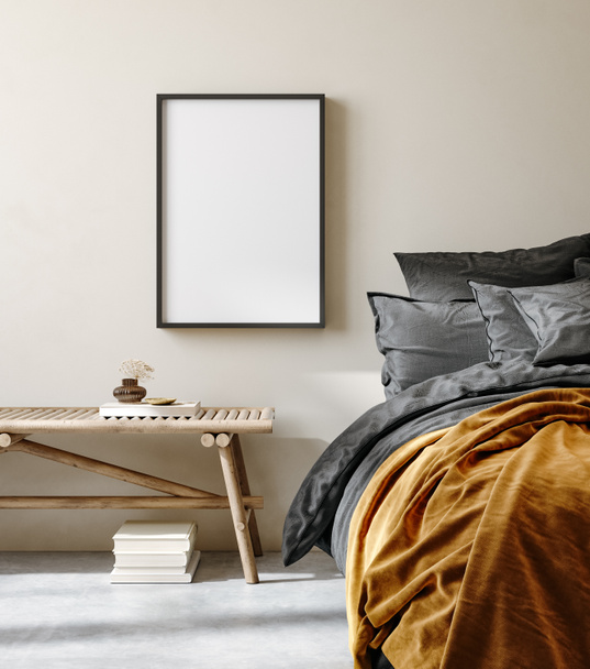 Mock up frame in bedroom interior background, nomadic room with natural wooden furniture, 3d render - Fotoğraf, Görsel