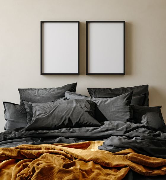 Mock up frame in bedroom interior background, nomadic room with natural wooden furniture, 3d render - Photo, Image