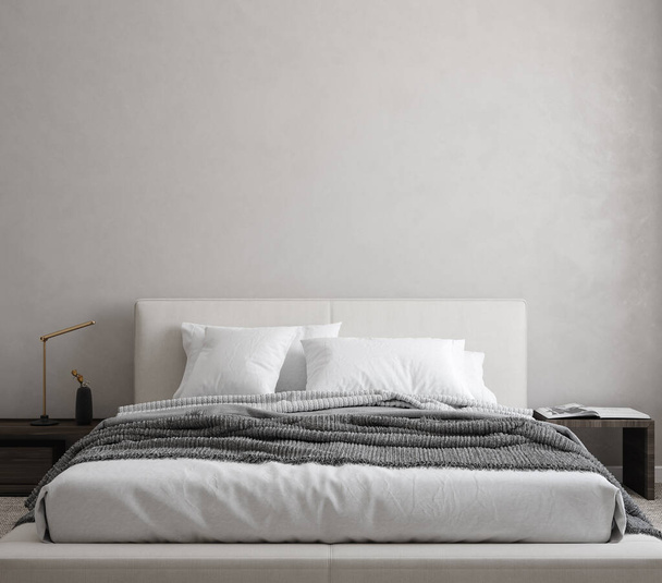 Minimalist modern yatak odası iç plan, duvar modeli, 3D canlandırma - Fotoğraf, Görsel