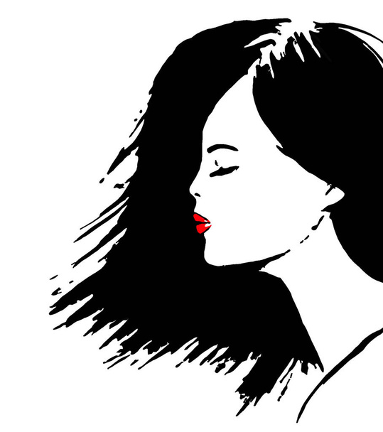 Černá silueta dívky s červenými rty na bílém pozadí - Fotografie, Obrázek